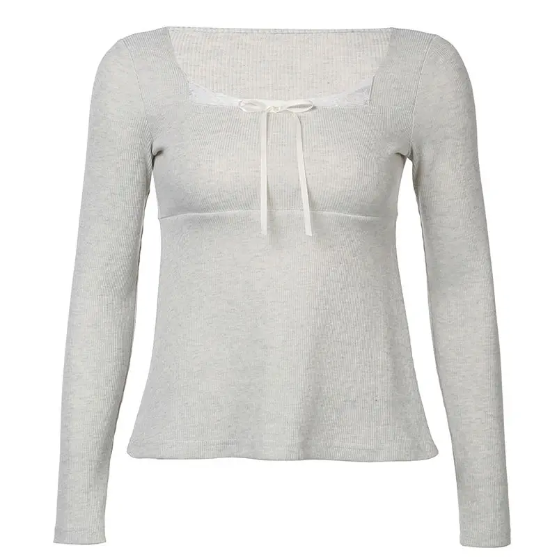 T-shirt con fiocco in pizzo con colletto quadrato 2025 Top da donna delicato casual dolce francese primaverile