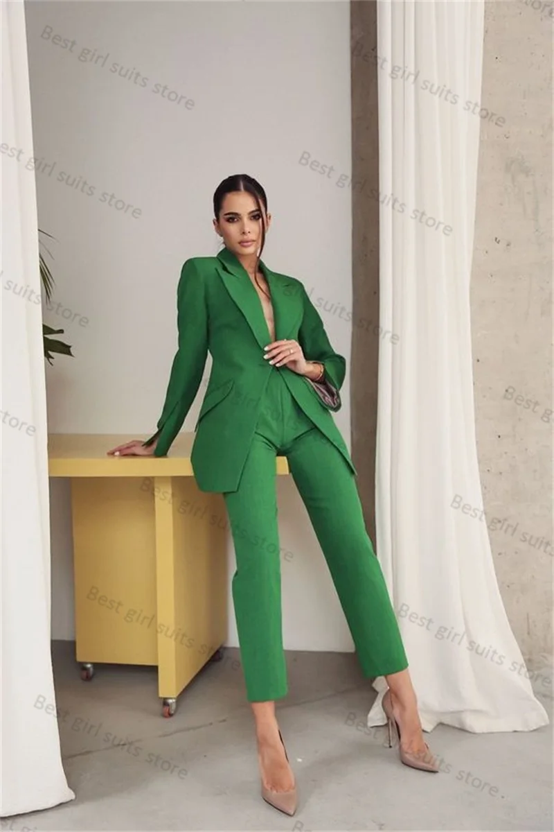 Green Women Suit Set 2 Pieces Blazer+Pants Cotton Wedding Tuxedos Formal Business Office Lady Jacket Coat Tailored Made Trousers