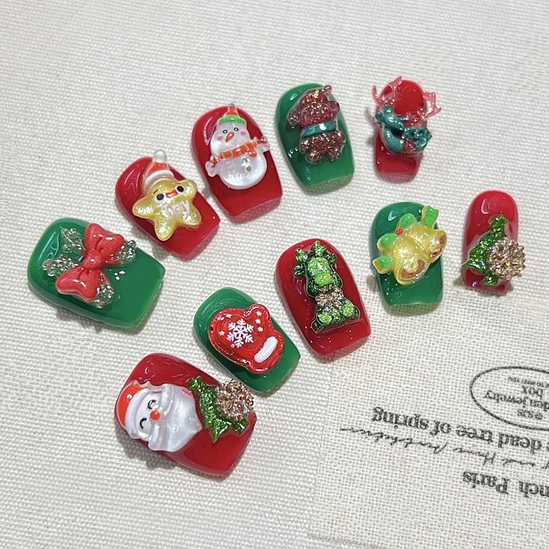 10PCS Original Handcrafted False Nails, Red Green Short Square Press On Nails with 3D Santa Snowman Christmas Nail Art Tips