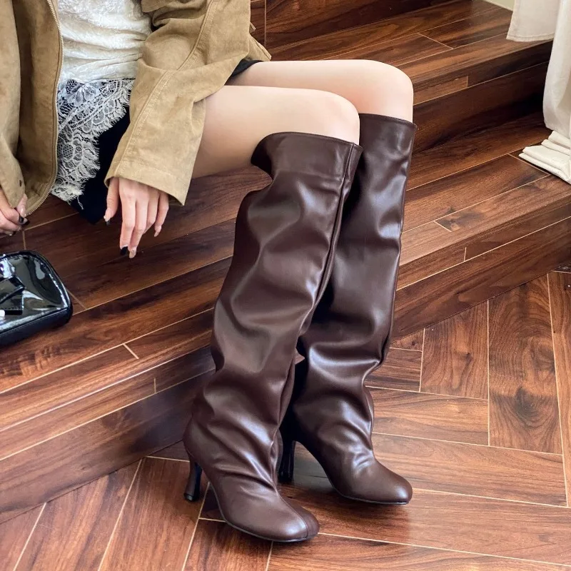 Retro Women Knee High Boot Fashion Stack Slouch Boots Elegant Square Head High Heeled Boots for Woman Designer Shoes Botas Mujer