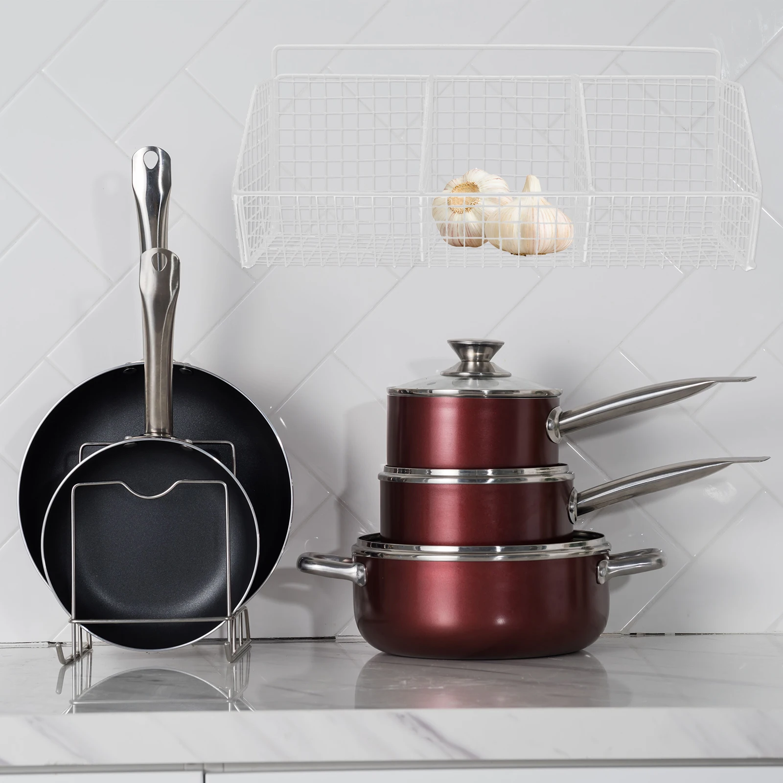 

Wall Mounted Kitchen Storage Basket 3 Compartments Single Layer White Carbon Steel Vegetable Fruit Baskets For Storage Metal