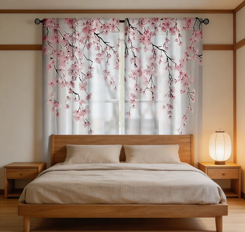 2PCS Digital Printed Curtains, Cherry Blossom Sakura Japanese Elegant, Rod Pocket Window Drapes for Living Room Bedroom Decor