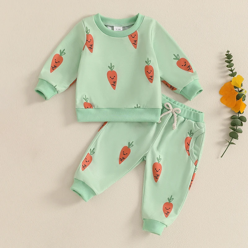 Tregren 0-3Y Infant Baby Girls Boys Tracksuits Easter Carrot Print Long Sleeve Crew Neck Sweatshirt and Elastic Waist Sweatpants