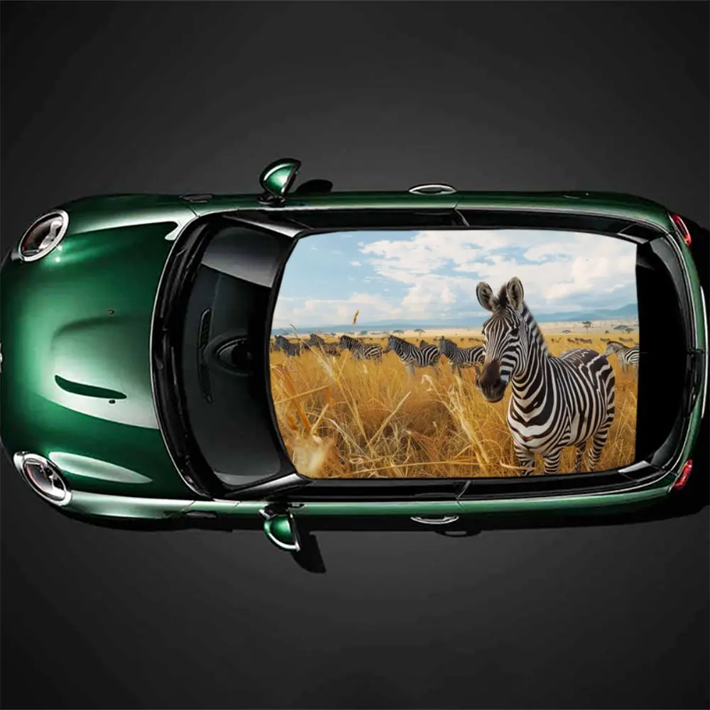 African Savannah Animal Zebra Car Roof Sticker Wrap Racing SUV Auto Accessories Packaging PVC Car Hood Graphic Decal Decoration