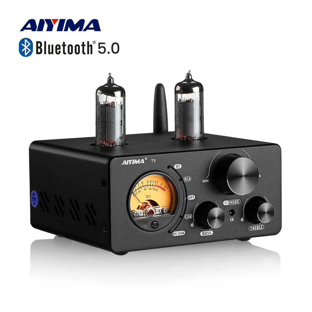 AIYIMA 오디오 T9 Bluetooth 5.0 진공관 증폭기 USB DAC 스테레오 수신기 COAX/OPT HiFi 홈 오디오 디지털 앰프(VU 미터 100W 포함)
