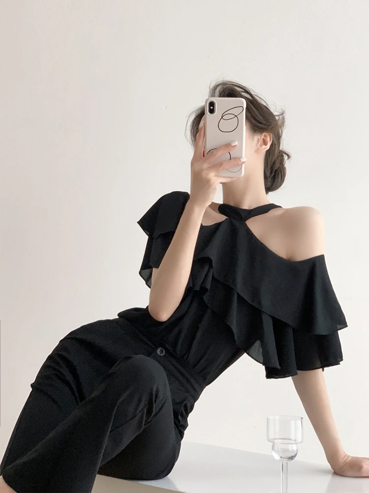 

Black Lace Trim Short Sleeve Chiffon Top Women's Summer Fashion Neck Hanging Shoulder Bared Vest Design Korean Style Shirt