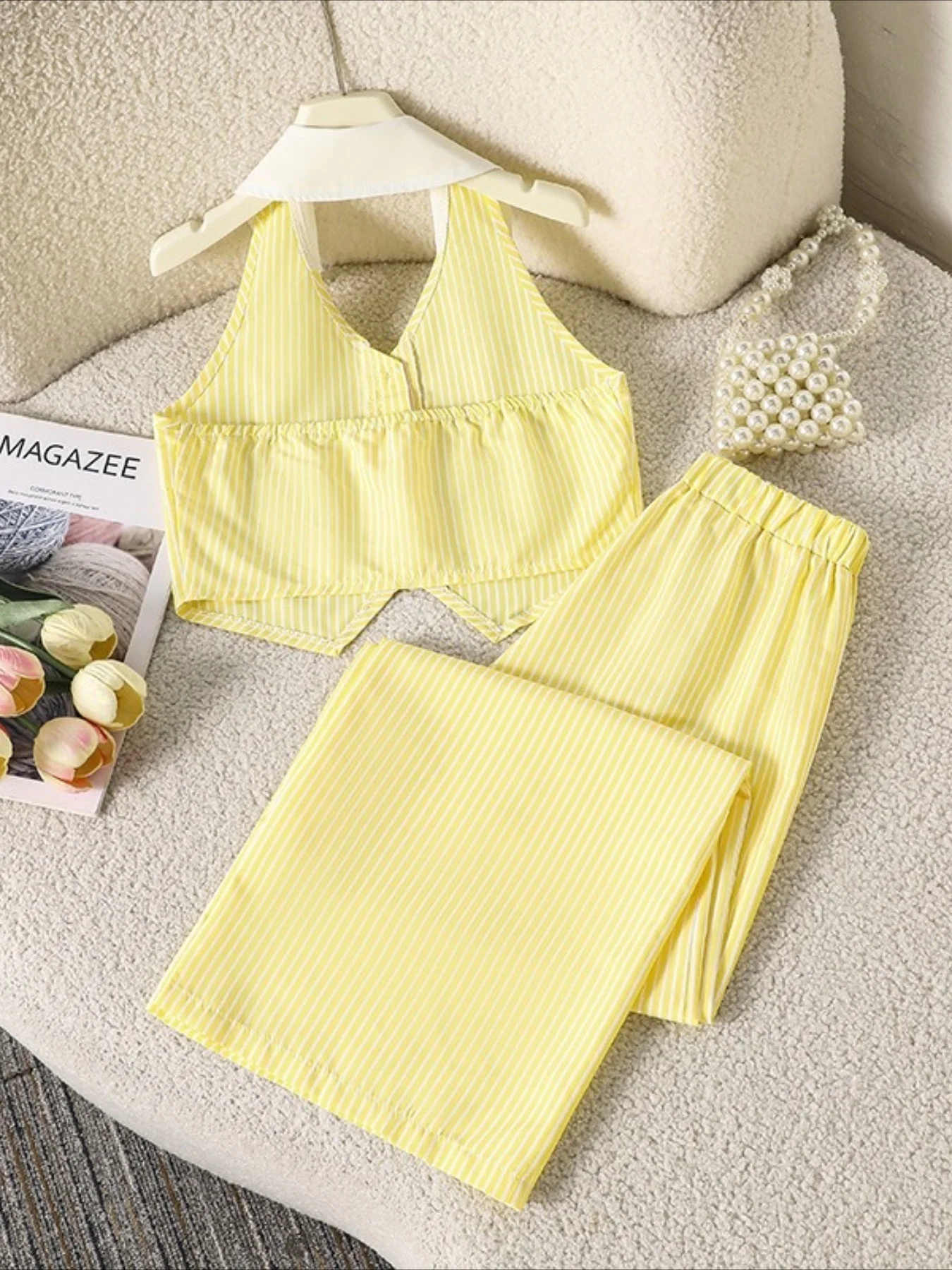 New girls' Outfit summer fashion V-neck hanging neck sleeveless vest wide leg pants striped two-piece set