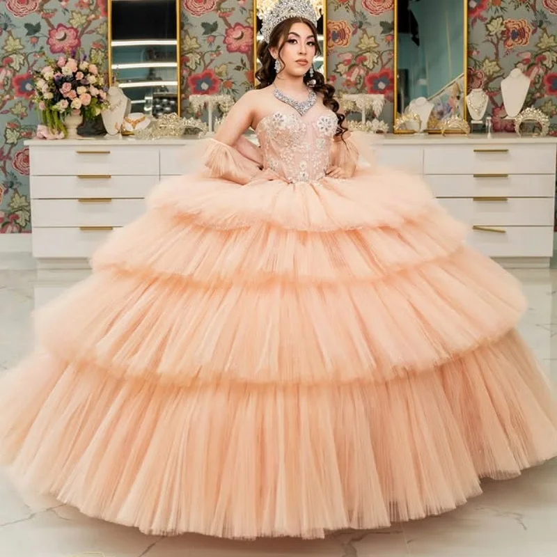

Customized light orange Off Shoulder Quinceanera Dress beads sequin Lace layering vestidos de 15 Quinceanera