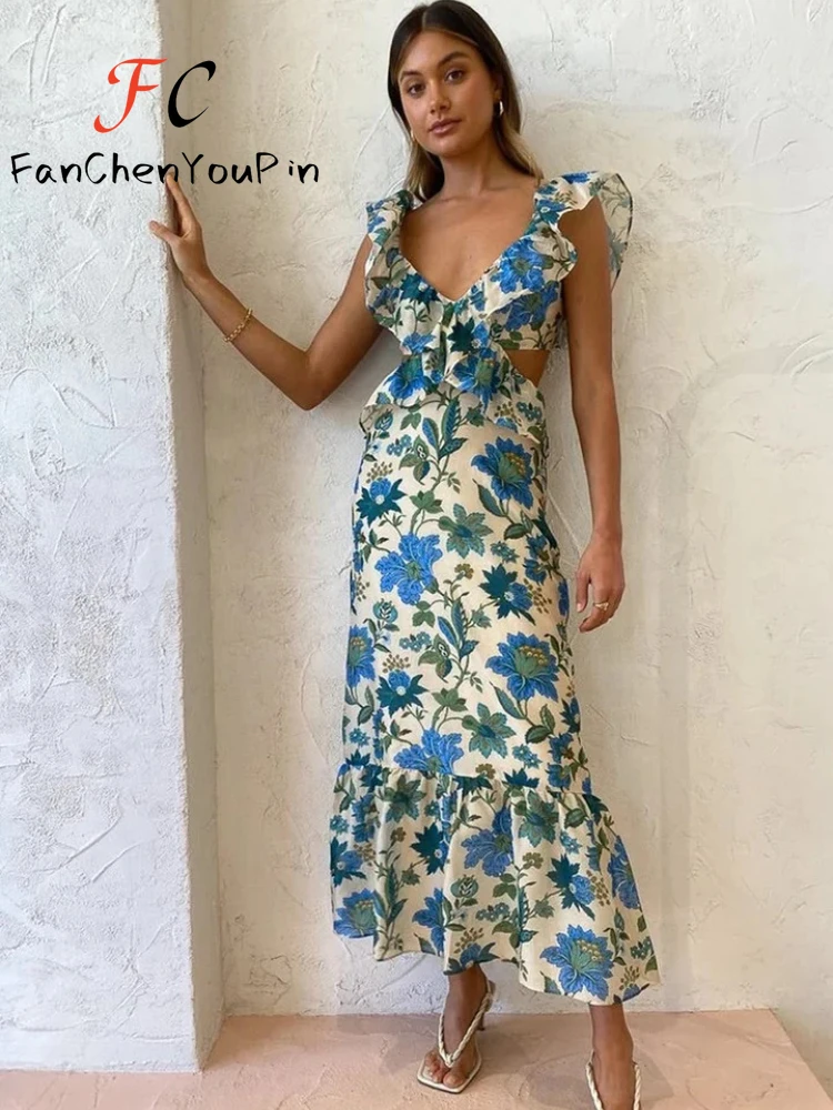 Robe mi-longue dos nu sexy à col en V pour femmes, robe d'été élégante, évider floral, lacets, volants, vacances Boho, nouveau