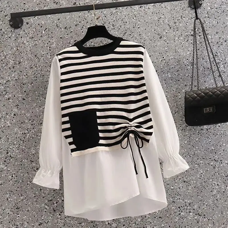 Women\'s Striped Patchwork Oversized Y2K Blouse Autumn Korean Fashion Asymmetrical Design Harajuku Shirts Long Sleeve Tops Blusas