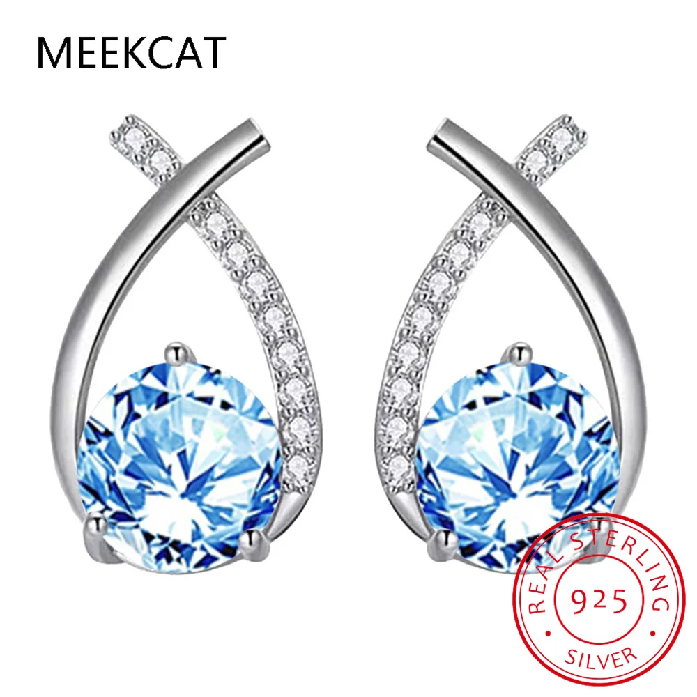 Natural Sky Blue Topaz 925 Sterling Silver Fishtail Stud Earring for Women Statement Gemstone Wedding Jewelry Brincos de Prata