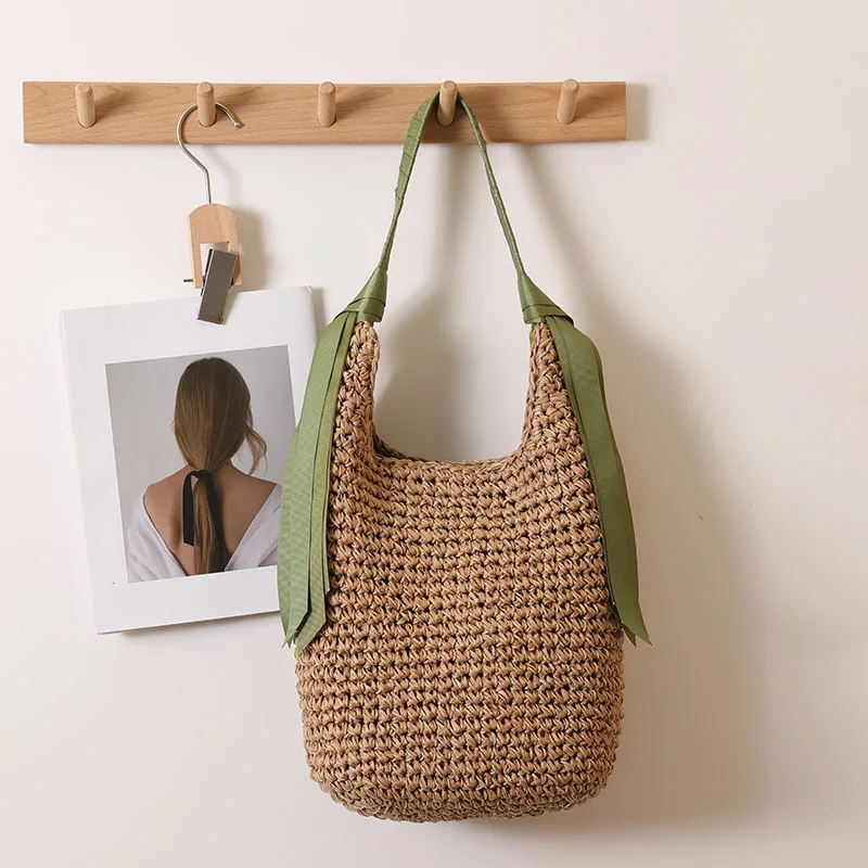 Neue 2026 Einfarbige Strohtasche Sommer Bohemian Style Strandurlaub Einzel-Schultertasche Geflochtene Handtasche für Damen – Detail 14