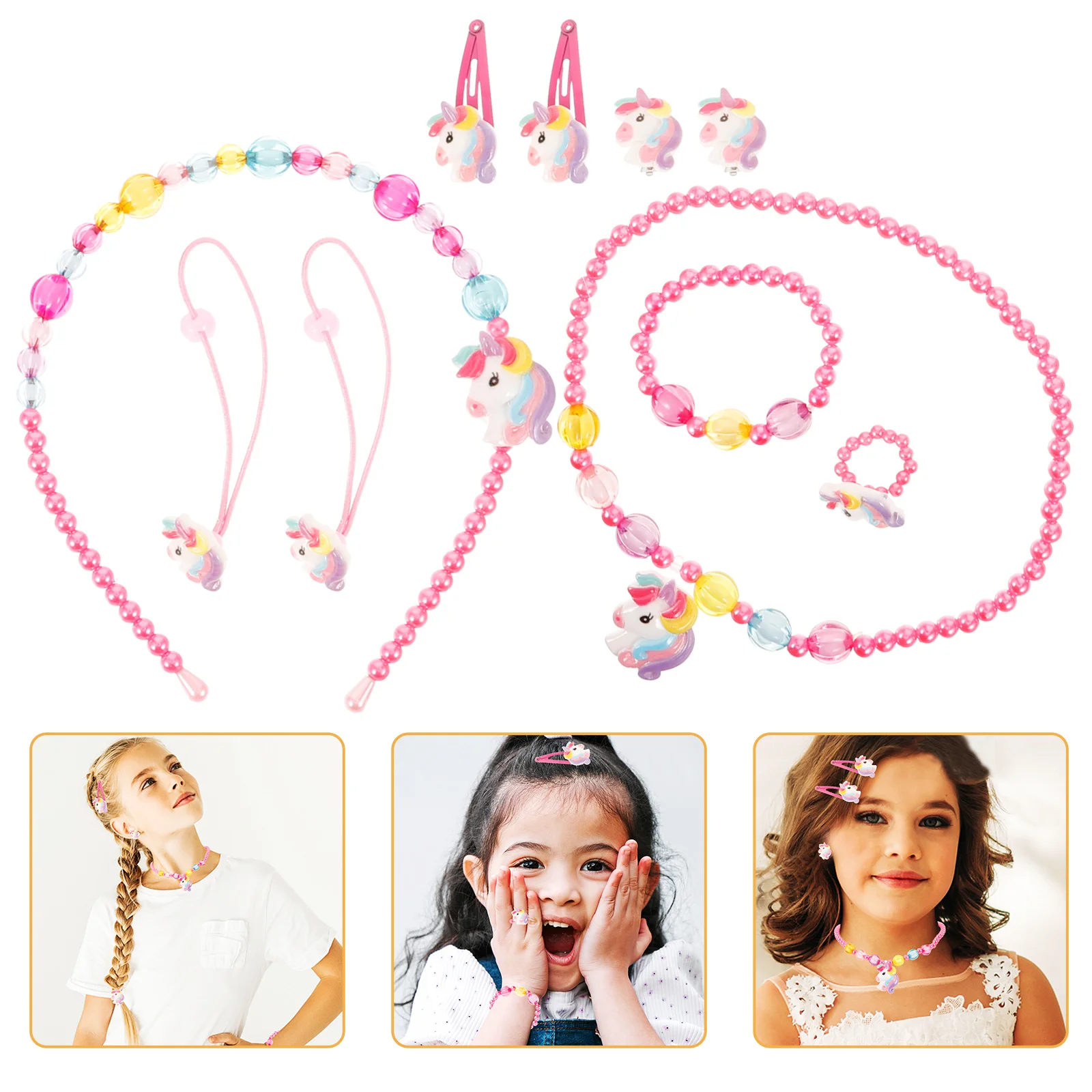 1Set Kids Jewelry Set Unicorn Necklace Bead Bracelet Earrings Hair Clips Hair Ties Finger Ring for Girls Casual Party Dress
