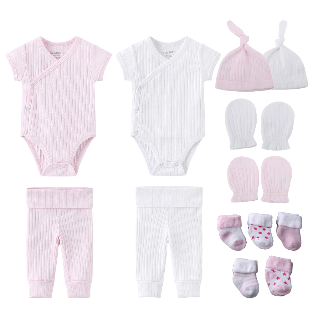 Solid Color New Born Cotton Bodysuits+Pants+Gloves+Hats+Socks Baby Girl Clothes Unisex Short Sleeve Baby Boy Clothes Sets Bebes