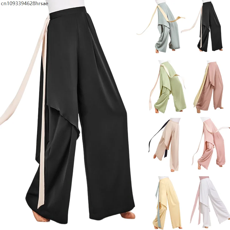 Women Elegant Wide Leg Dance Pants Vintage Chiffon Dance Trousers Practice Jazz Performance Pants Loose Trouser Dance Costume