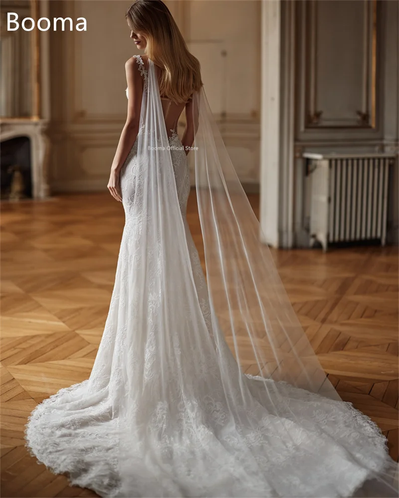 Booma حورية البحر السباغيتي حزام اللؤلؤ الدانتيل فساتين زفاف أنيقة طول الأرض بلا أكمام فستان العرائس مخصص 2025