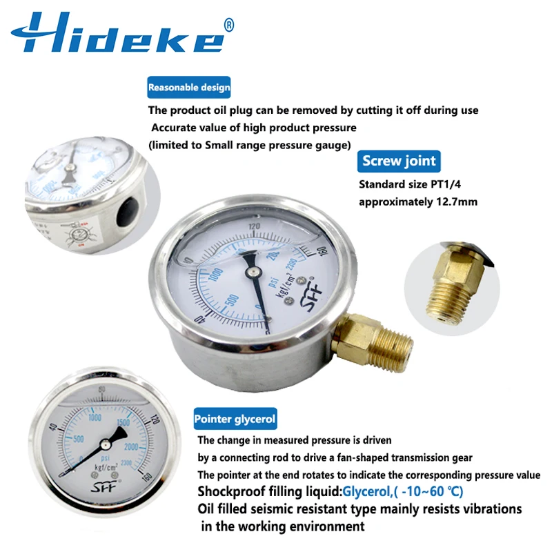 YN60 PT/G1/2 Brass Joint Radial Stainless Steel Case 16/25/400Mpa/Kg Hydraulic Shock resistant Glycerin Filling Pressure Gauges