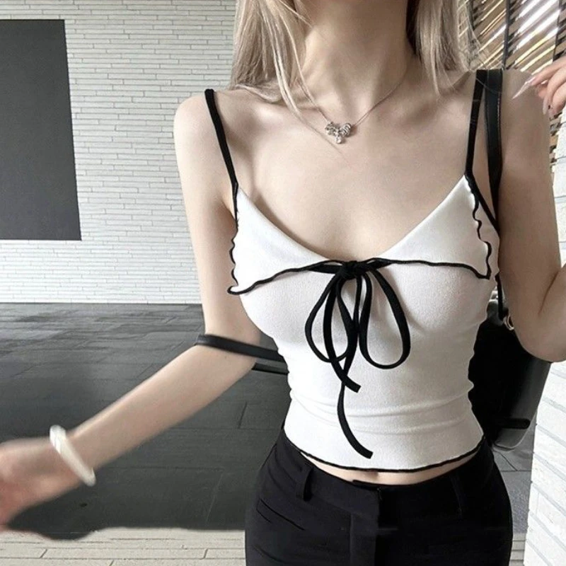 

Sexy V-neck Contrasting Color Lace-up Small Suspender Women's Summer Slim Vest Backless Top Worn Outside Женские Подтяжки