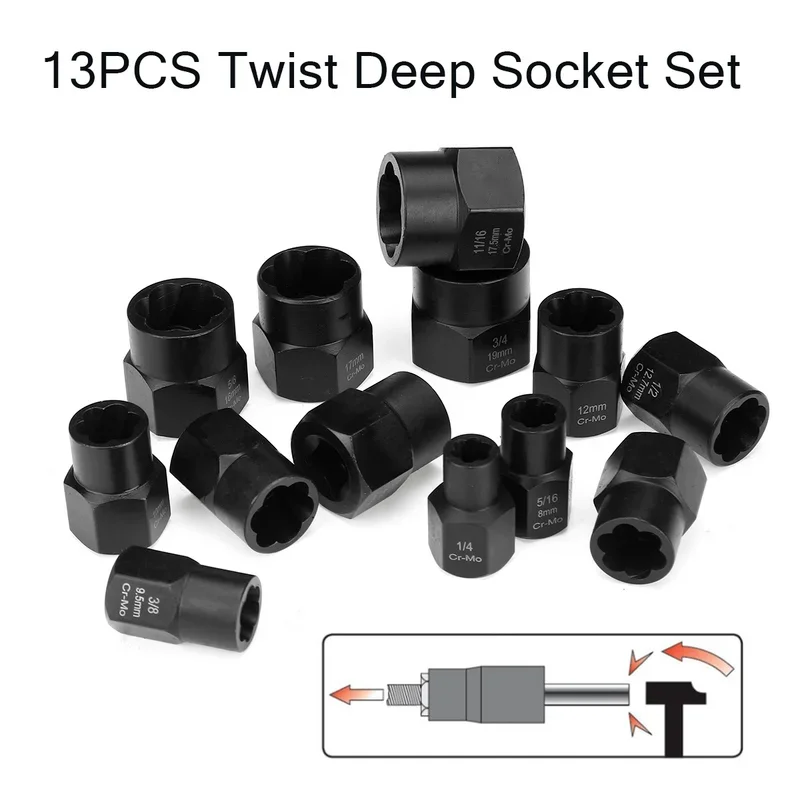 10/13Pcs Impact Damaged Bolt Nut Screw Remover Extractor Socket Tool Kit Removal Set Bolt Nut Screw Removal Socket Wrench