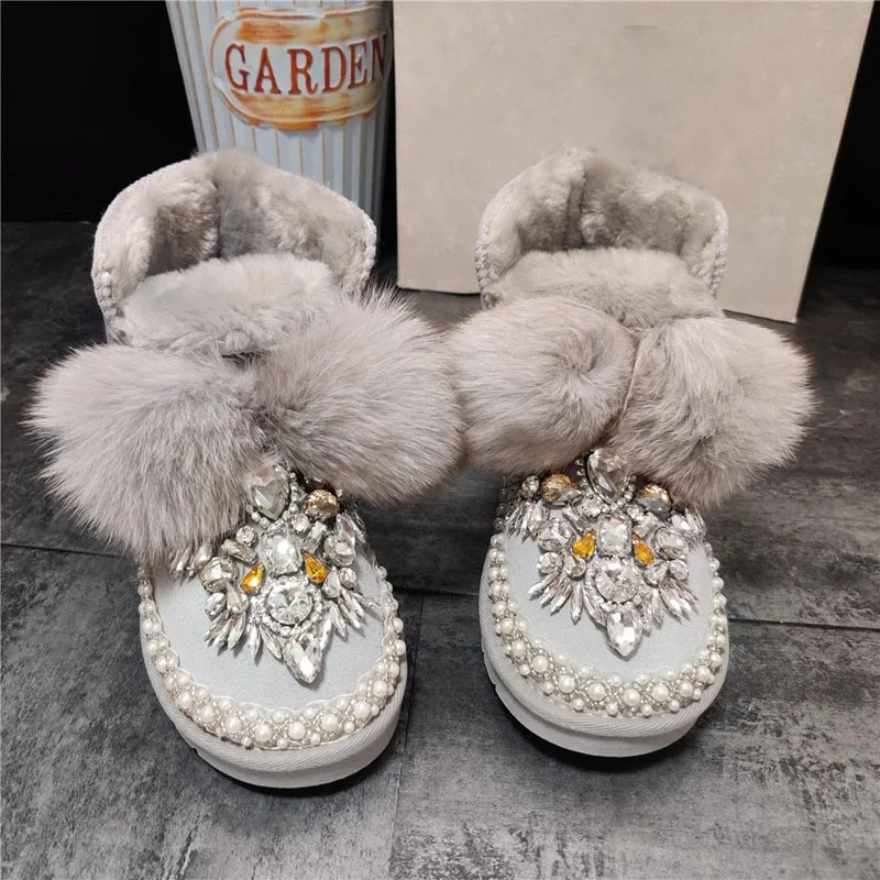 

Bling Yellow White Rhinestone Fox Fur Pompon Lace-Up Women Snow Boots Thick Sole Plush Fur Inside Slip On Winter Boots