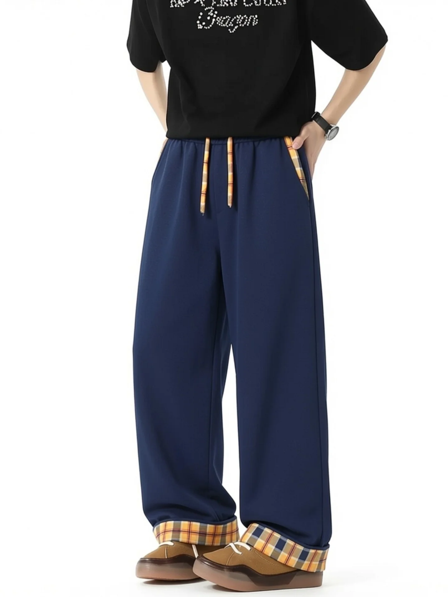 

American Style Plaid Loose Leggings Men Summer New Lazy Loose Drapey Casual Sport Pants Straight Tube Trousers for Teens