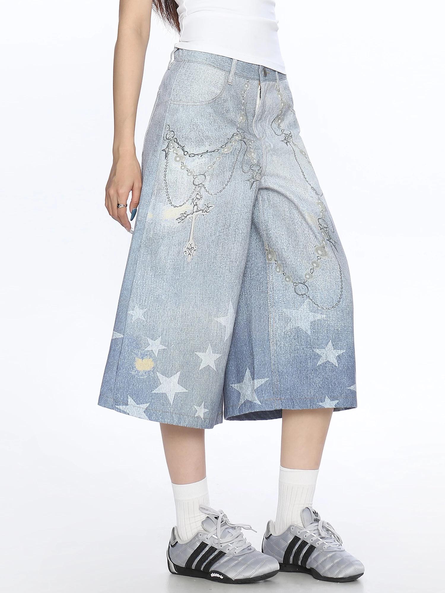 

Американские джинсы American Sle Star с 3D-принтом и цепным узором, летний дизайн, повседневные, утягивающие, длиной 7/8, синие, для женщин