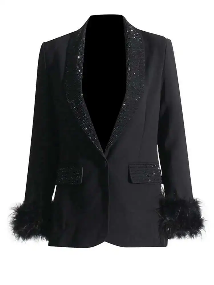 سترة مزينة بالماس مزين بالترتر للنساء ، زر واحد ، تصميم أنيق للأزياء ، لون ثابت ، جديد ، صيف ، XF1980 ،