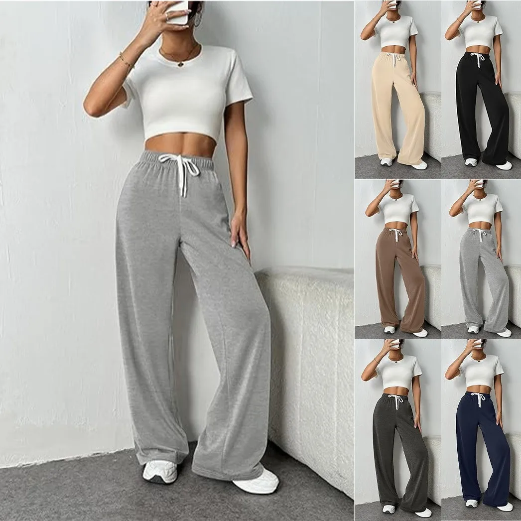 

Women's Spring Summer Wide-Leg Sports Pants High-Waisted Loose Casual Drawstring Fitness Pants with Pockets
