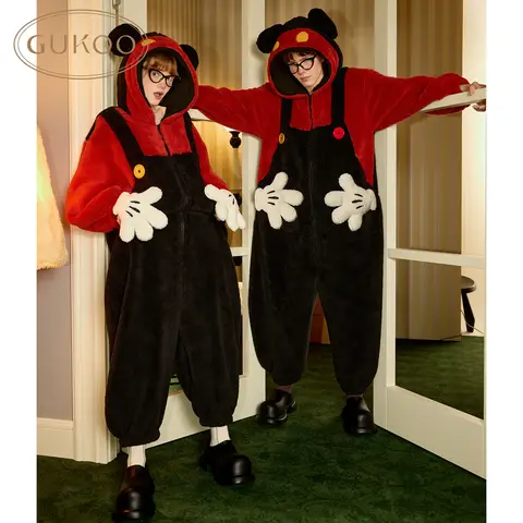 Cute Cartoon Mickey Disney Hooded Coral Fleece Pajamas Women Winter Warm One-Piece Home Wear Casual Loose Birthday Couple Gift