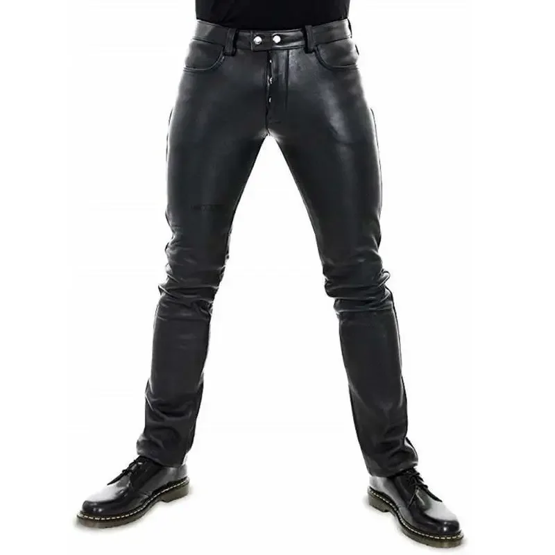 Men\'s Leather Pants  2022 New Solid Color PU Leather Motorcycle Pants Elastic Leisure Punk Style Slim Fit Full Length Trousers