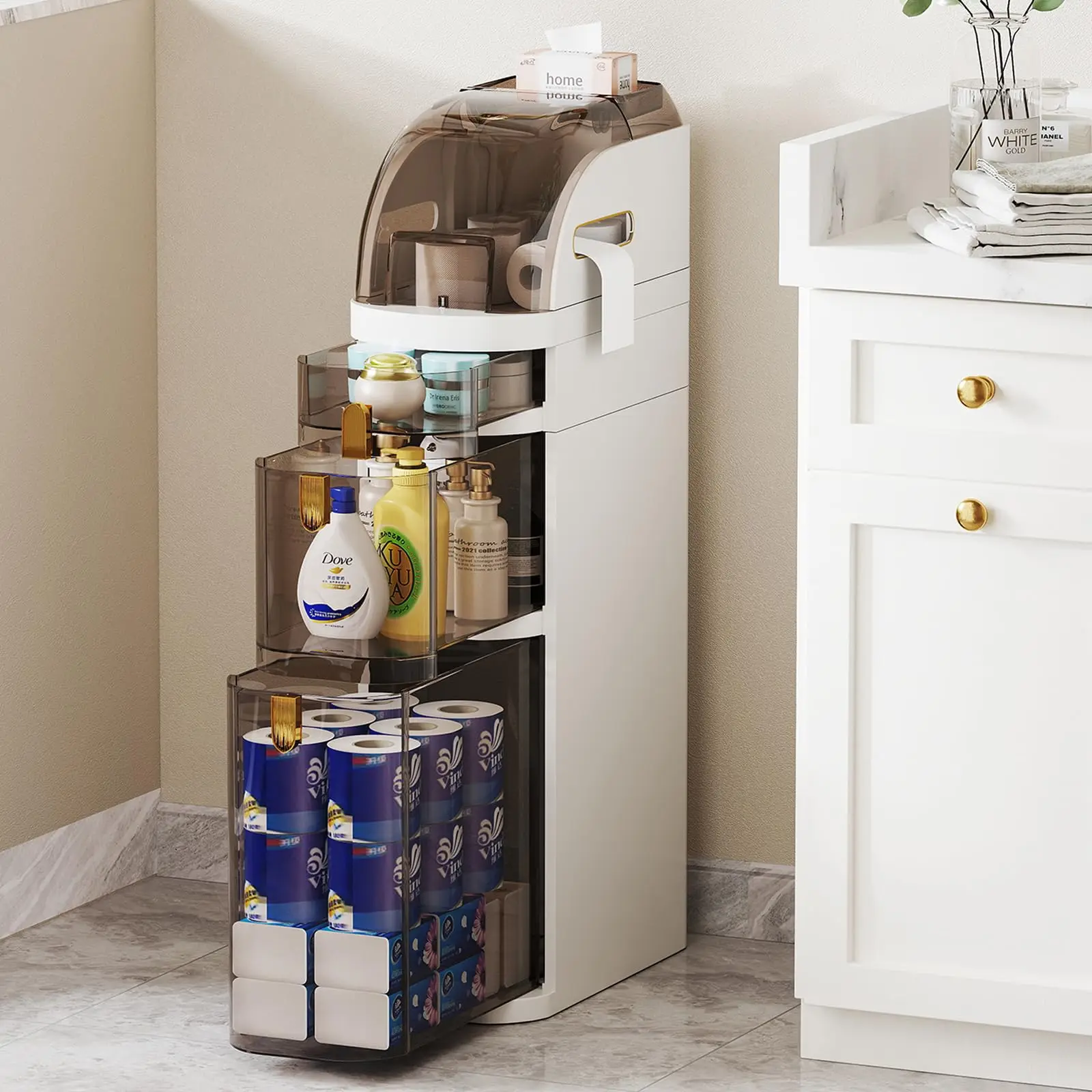 

5-Tiers Slim Bathroom Storage Cabinet, Narrow Bathroom Storage Organizer Movable for Small Spaces-Out of Box