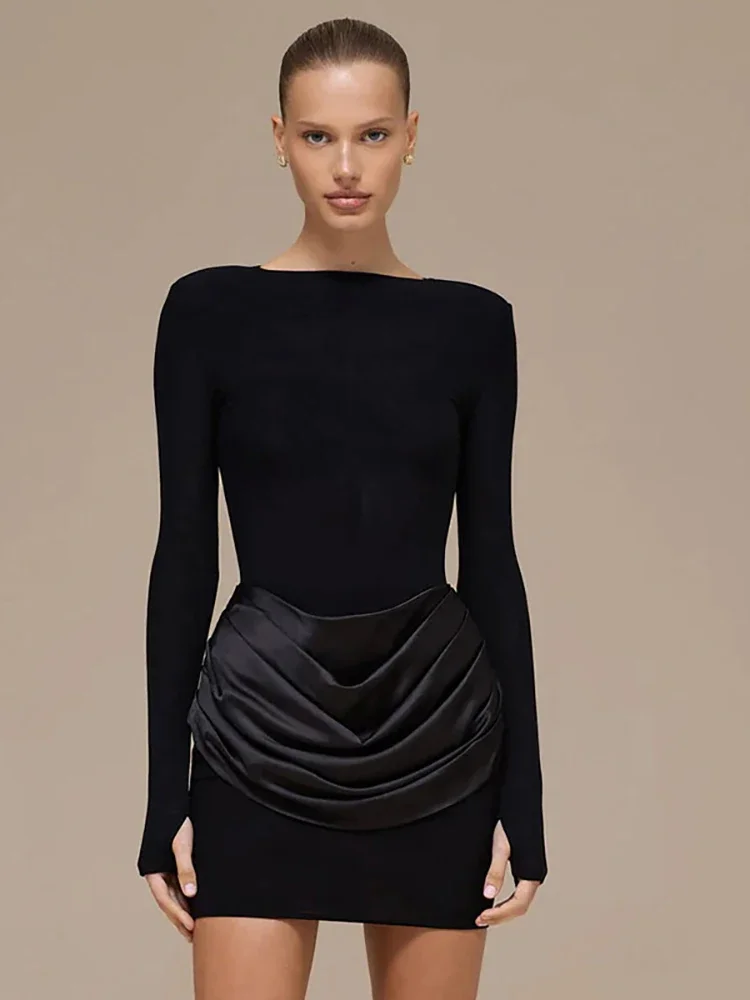 

Fmxires Patchwork Long Sleeve Satin Mini Dress Women Brown Round Neck High Waist Dress Winter Skinny Elegant Party Club Dress