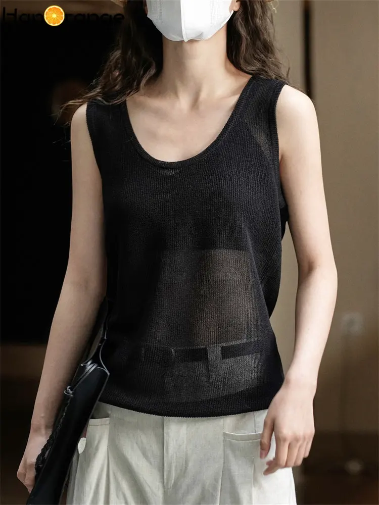 

HanOrange 2023 Summer Simple Fashion Slightly Transparent U-neck Knitted Vest Women Cool Sleeveless Top Female Apricot/Black