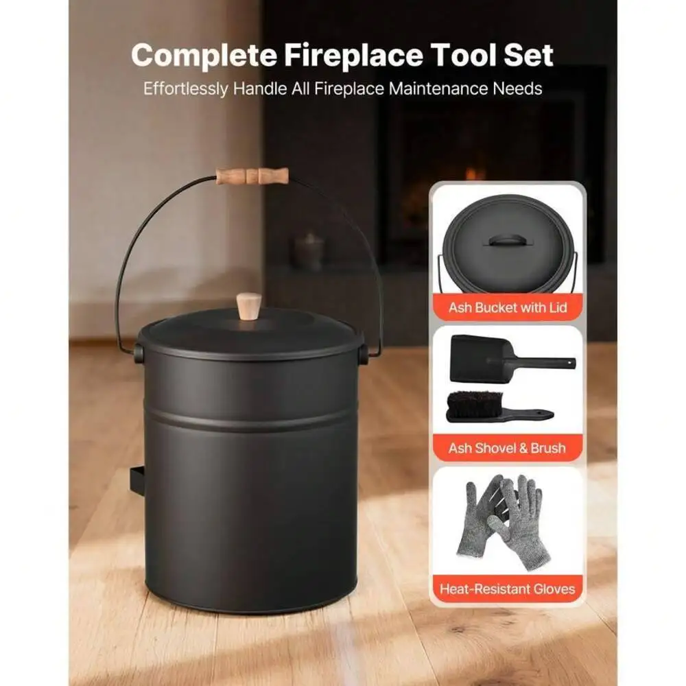 4 Gallon Metal Fireplace Ash Bucket Kit With Lid, Shovel, Broom & Gloves, Heavy Duty Charcoal Firewood Storage Can for Indoor Fireplace, Wood Stove