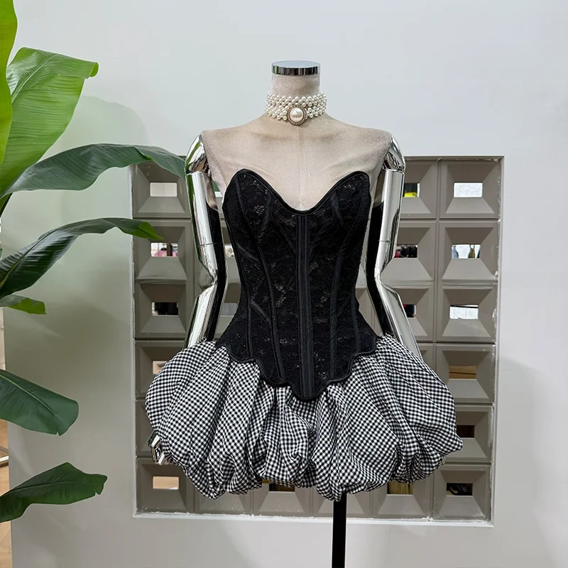 

Retro Court Sle Fibone V-ne Lace Bodice Bubble Pumpkin Anti-exposure f Skirt Two-piece Set Women's Faion Spring Ou...