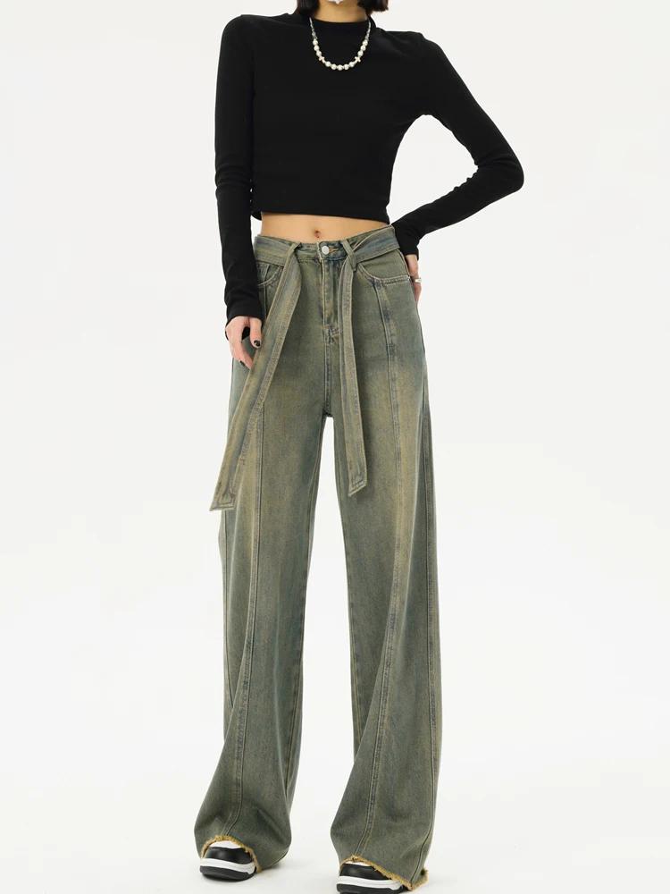 

Wide Leg Jeans Women Korean Fashion Simple All-match High Waist Baggy Retro Slender Floor-length Spring Students College Popular