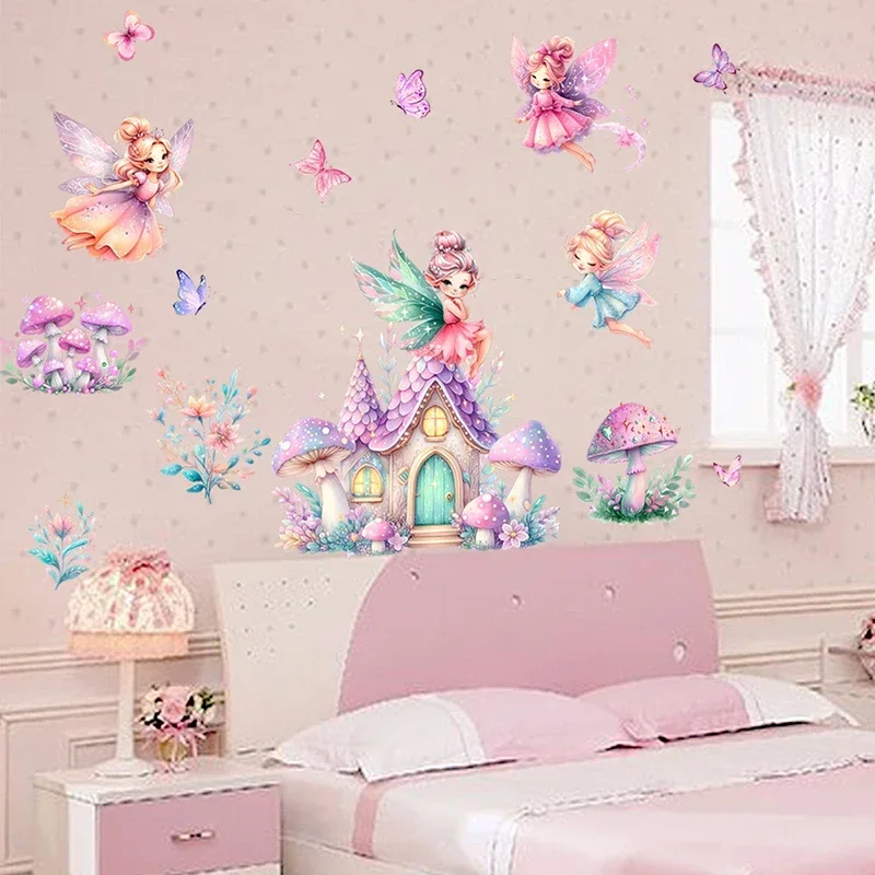 Cute Fairy Wall Stickers for Child Kids Room Baby Room Girl Bedroom Decoration Vinyl Princess Mushroom Castle Nursery Wall Decal