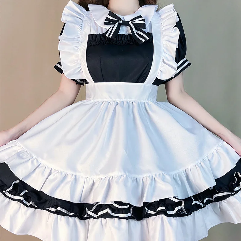 Japanese Anime Lolita Maid Dress Women Black White Apron Maid Uniform 5XL Sweet Bow Knot Halloween Party Role Play Cute Costume