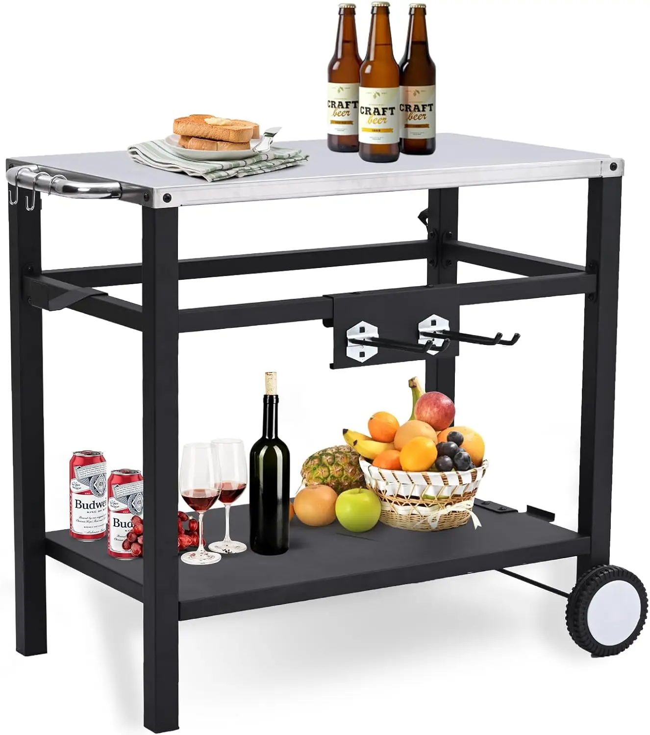 Outdoor Grill Cart Pizza Oven Stand, Stainless Steel Flattop Grill Cart, Bbq Prep Table With Wheels & Hooks, Side Handle,