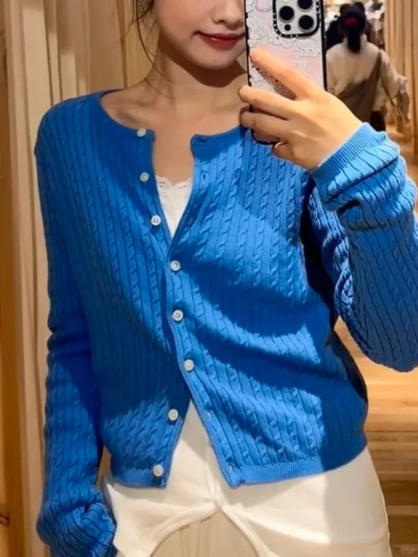 

Electric Blue Twisted Flower Knit Cardigan Women Autumn Casual O-neck Single-breasted Slim Crop Top Vintage Preppy Style Sweater
