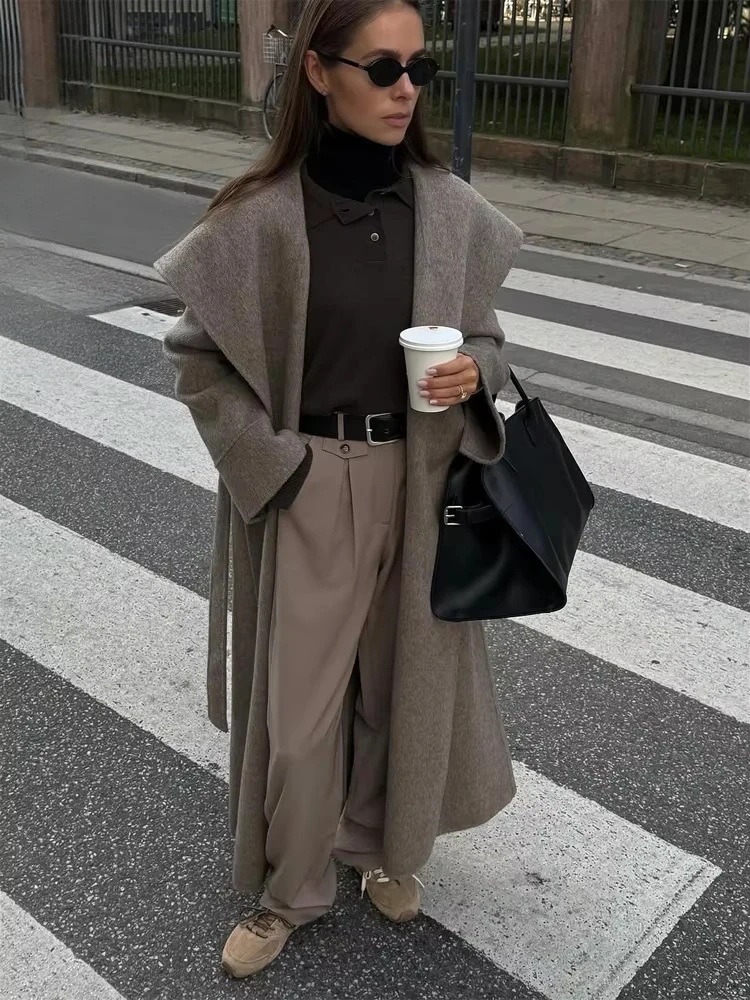 Navy Collar Lace Up Woolen Long Coat Women Elegant V-neck Full Sleeves Pockets Loose Overcoat Spring Lady Daily Street Wear