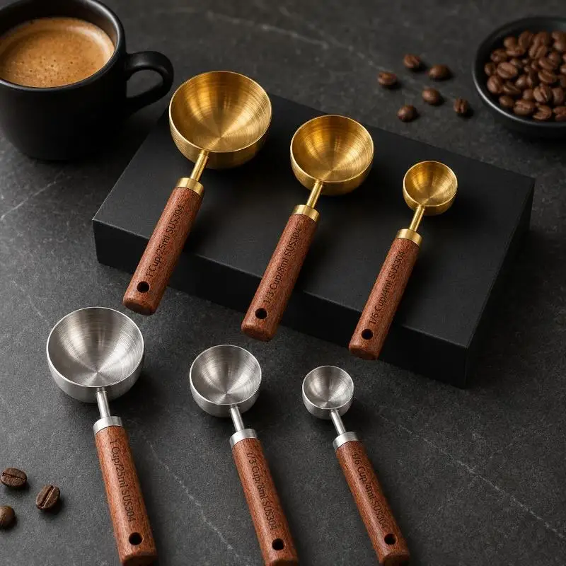 Gold Wooden Handle Stainless Steel Measuring Cups Spoons Baking Tools Coffee Measuring Spoon Set Bartending Scale Accessories