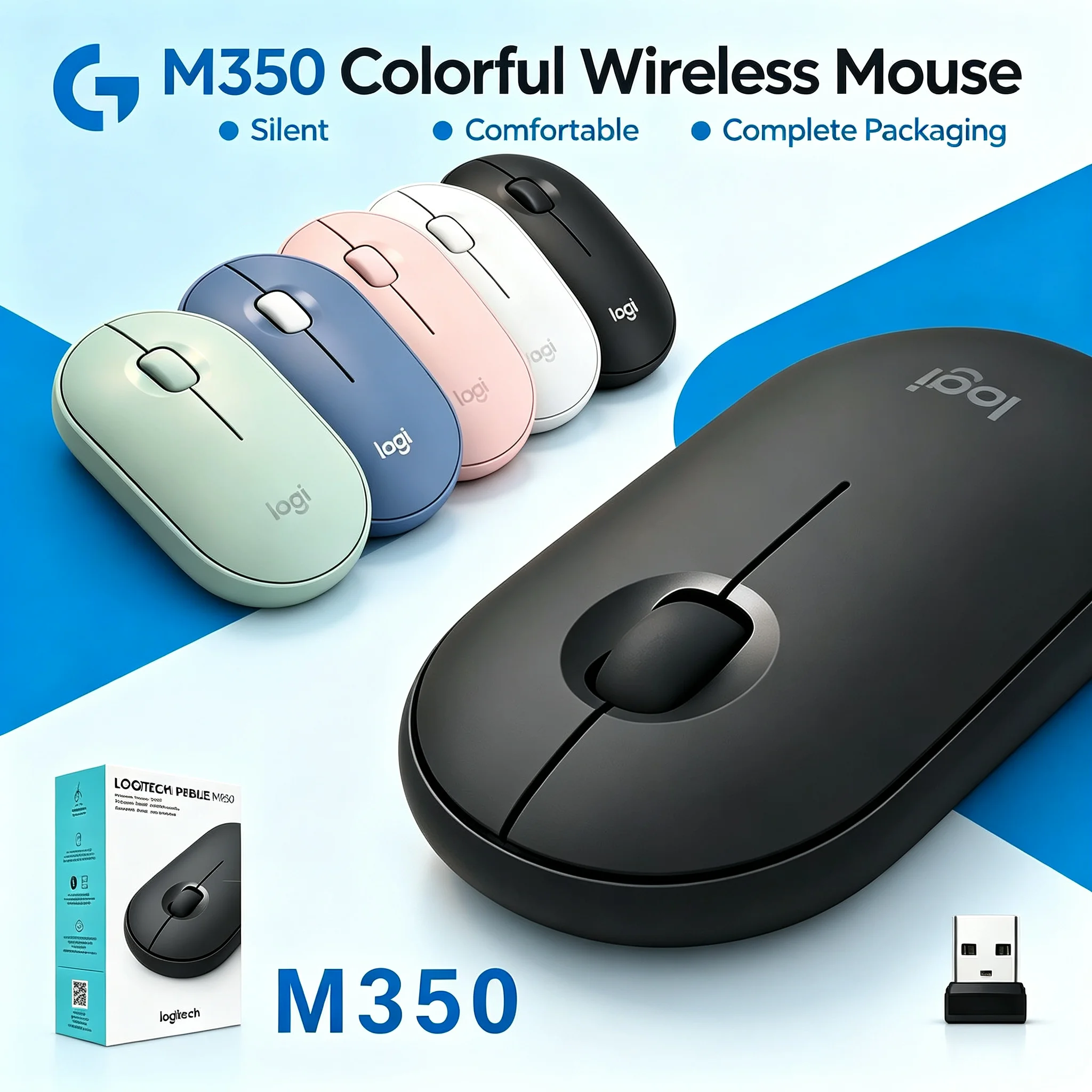 Portable Quiet Logitech M350 Wireless Mouse Smooth Scrolling Mice for Desktop Notebook