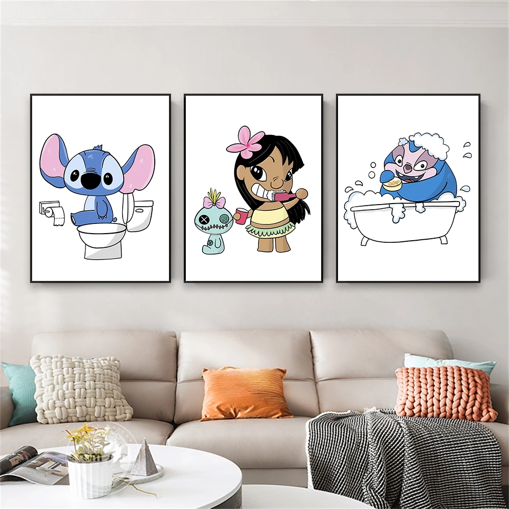 Lilo and Stitch Bathroom Poster Disney Stitch Wall Art Prints Cartoon Colorful Watercolor Art Canvas Painting Kids Bedroom Decor