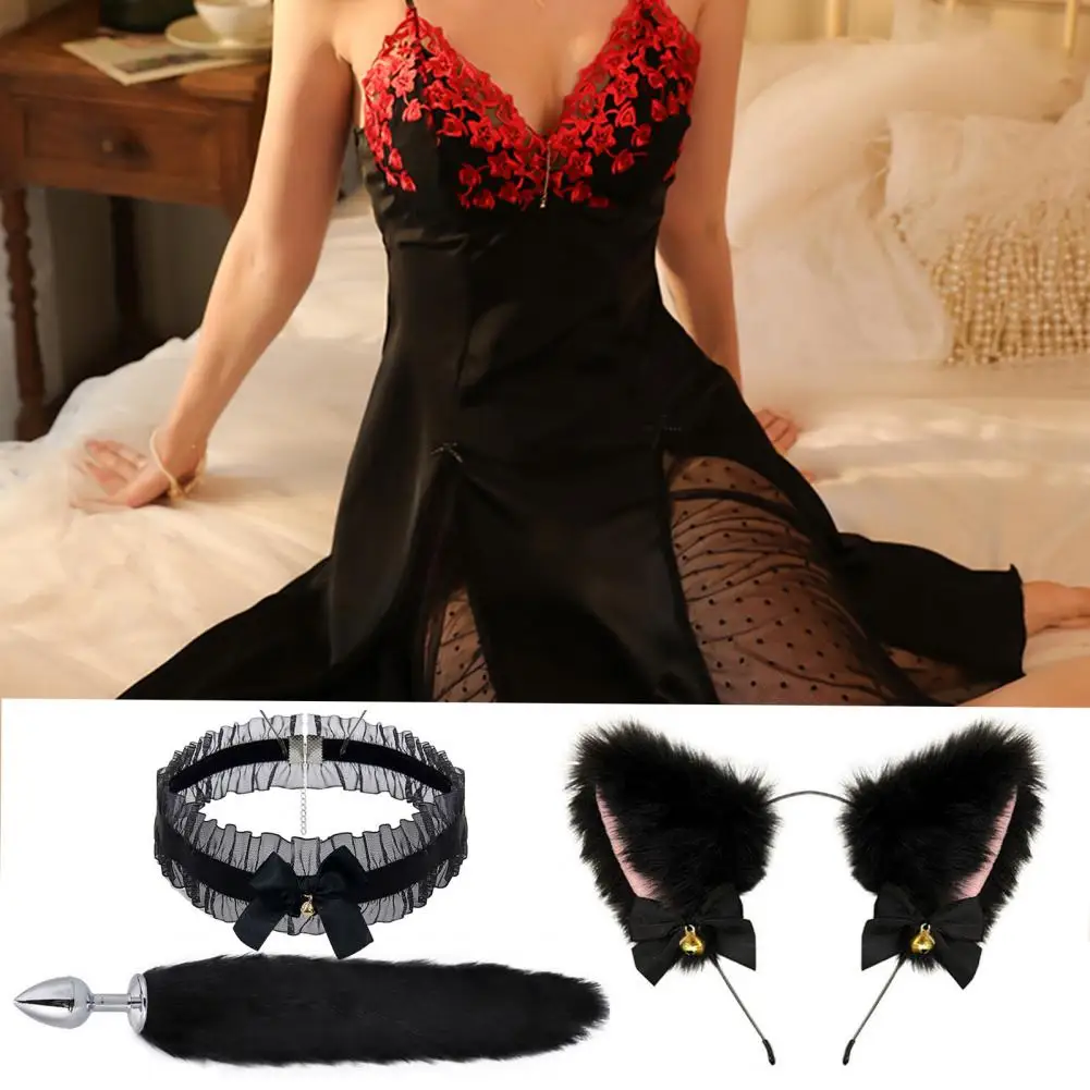Fox Shape Adult Sex Toy Set com Furry Tail Collar e Bow-knot Hairband para Mulheres, Acessório Sexual, Decoração de Sino Pornográfico