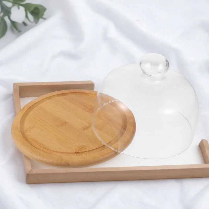 

1 pc Cake Display Plate With Glass Cover Bamboo Food Serving Tray Dessert Display Stand Household Snack Tray Multipurpose Cake