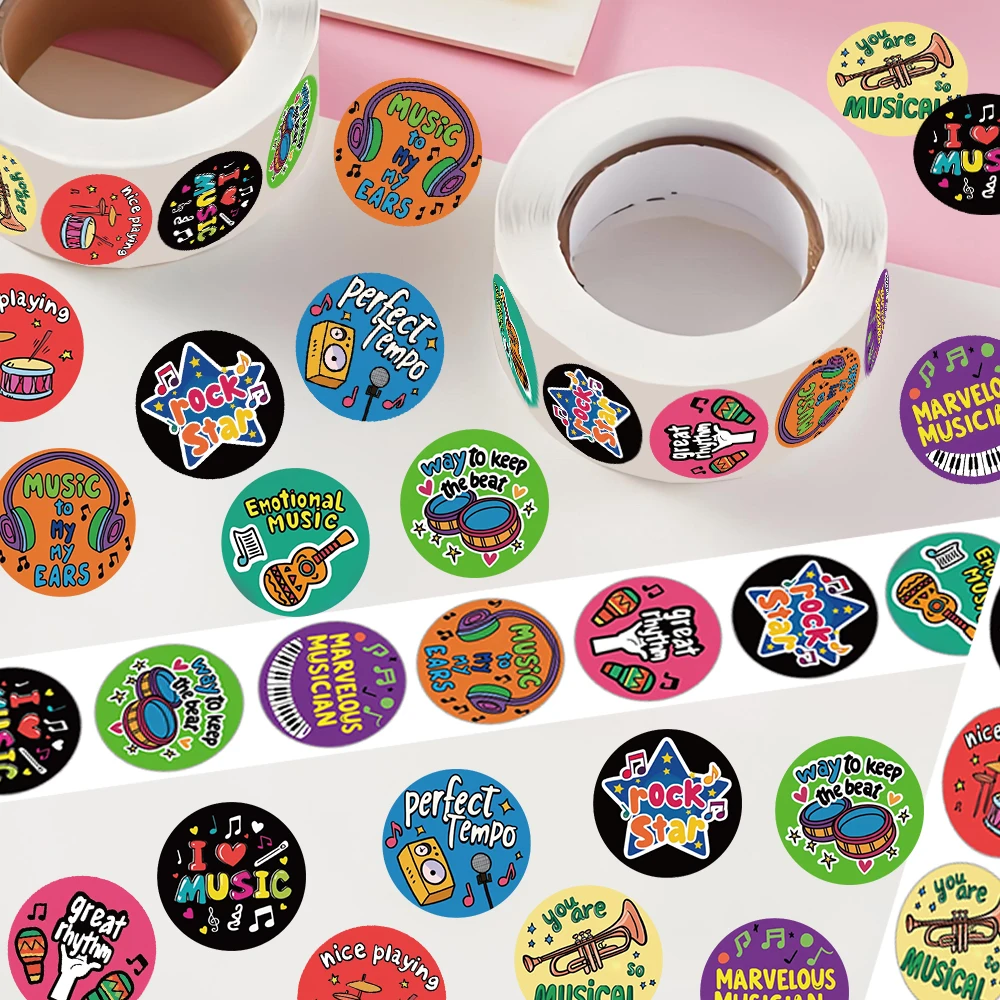 500PCS/Roll Colorful Circular Musical Instrument Theme Roll Sticker Love Music Rock Reward Gifts Decoration Scrapbook