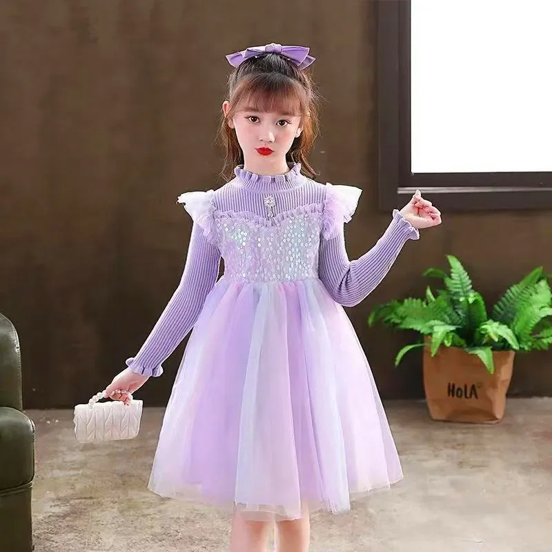 

Girls' Dress2025New Autumn and Winter Dress with Fleece Lining, Long Sleeve, for Girls, Princess Style, Stylish Dress with Puff