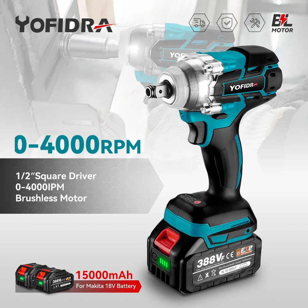 YOFIDRA 588N.M Brushless Electric Impact Wrench Cordless 1/2 Inch Screwdriver Drill Wrench Power Tool For Makita 18V Battery