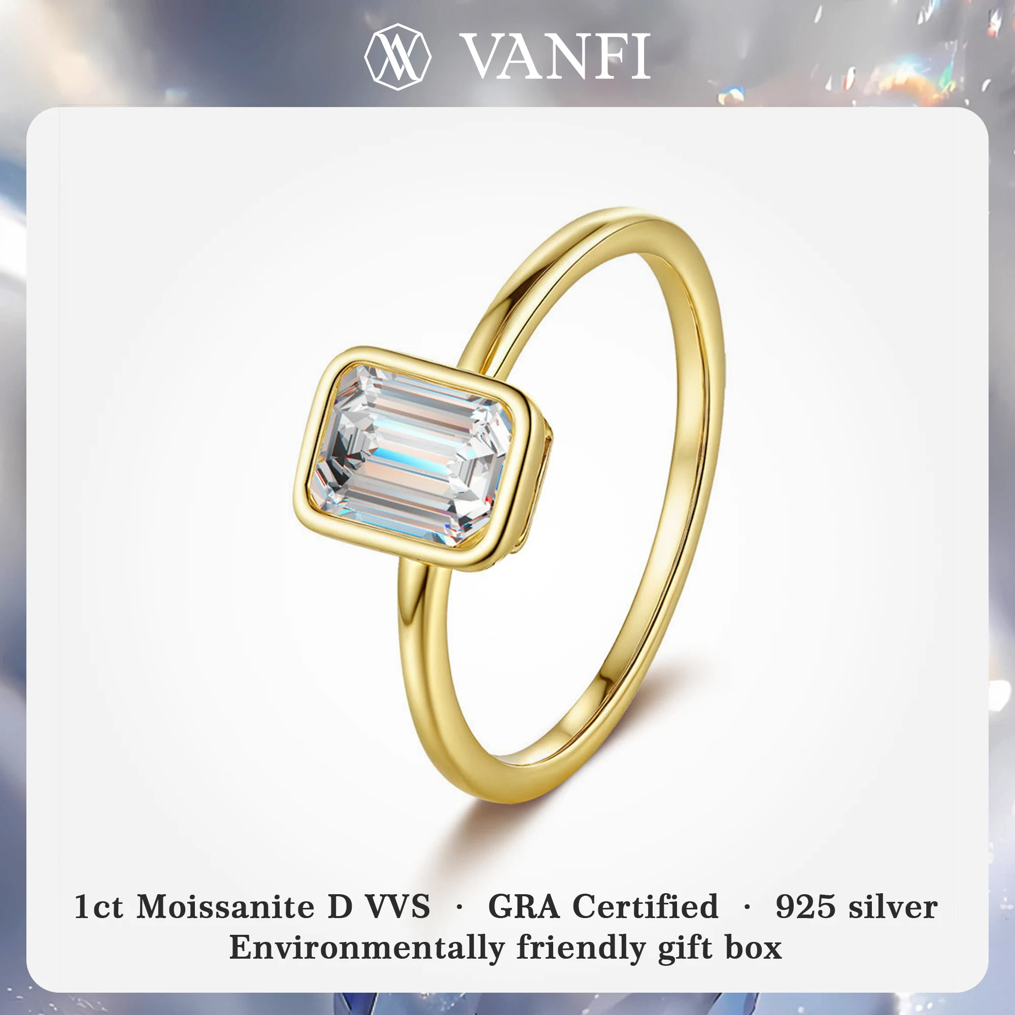

kfvanfi moissanite 1ct s925 sterling silver women's ring plated with 18K gold rectangular lab diamond wedding banquet jewelry